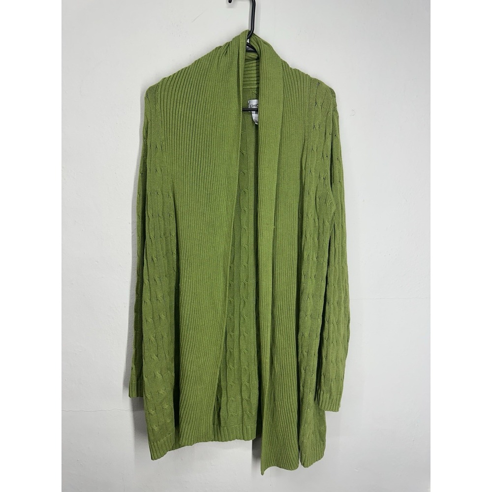 Chico's 100% Linen/Cotton Sweater Cable Knit Shawl Cardigan Green Size 0